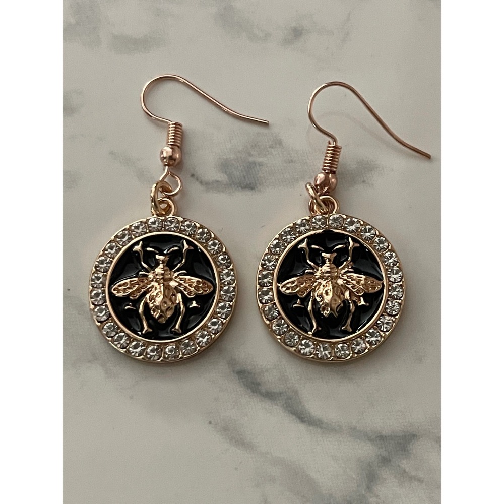 Bee Rhinestones Elegant  Gold  And Black Earrings New